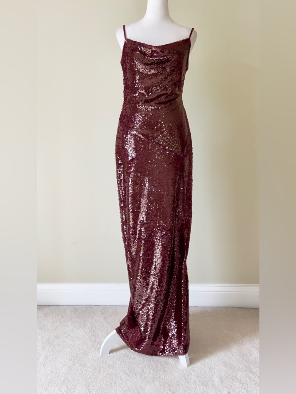 Julia Jordan Sequin Cowl Neck Side Slit Maxi Dress in Red Wine Color Slip NWOT - Picture 5 of 11